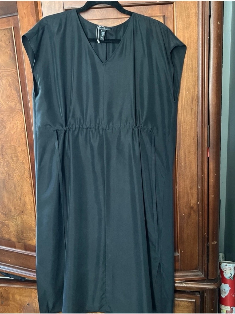 Eileen Fisher wash silk Black V-Neck oversized Midi Dress with Drawstring Waist